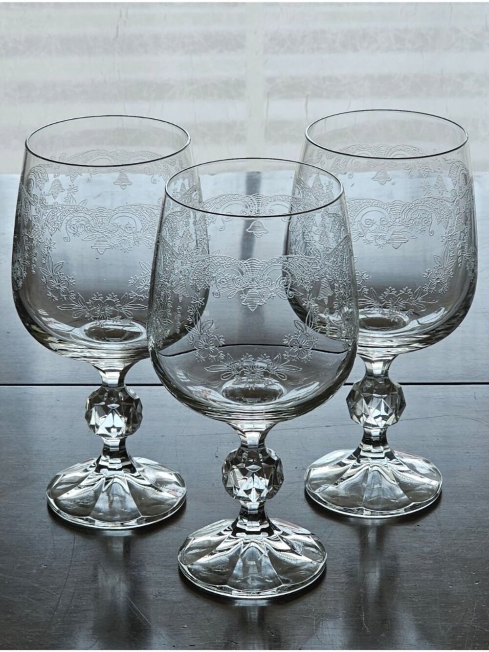 3 Import Assoc Cascade Water Goblets 6.7" etched crystal romantic floral glasses
